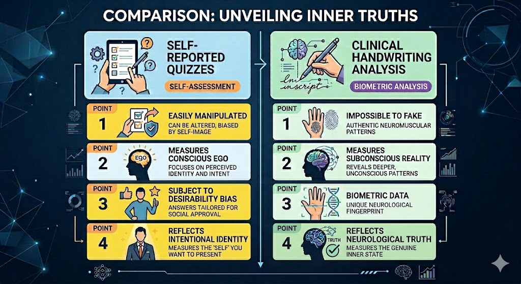 Comparison chart revealing why clinical handwriting analysis for compatibility is a more accurate biometric measure than self-reported quizzes.
