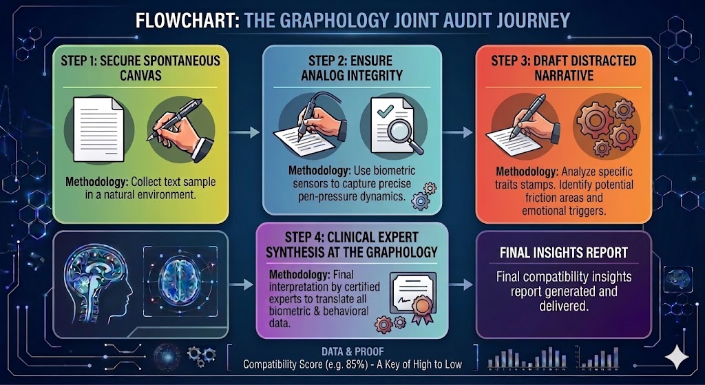 Step-by-step flowchart outlining the graphology joint audit journey to determine couple compatibility through handwriting analysis.