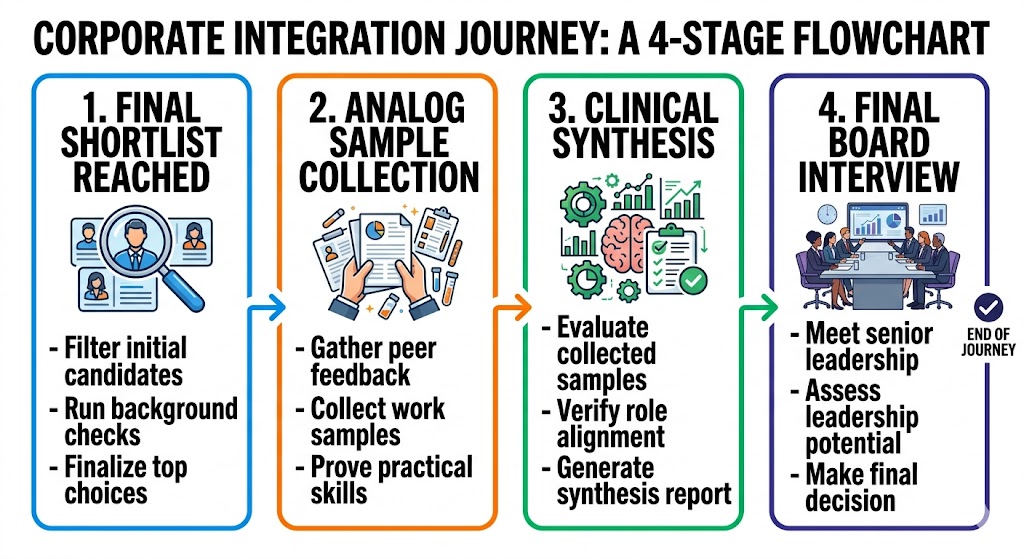 latest 1 “Corporate integration journey 4-stage flowchart for corporate HR screening, illustrating final shortlist, analog sample collection, clinical synthesis, and final board interview process.