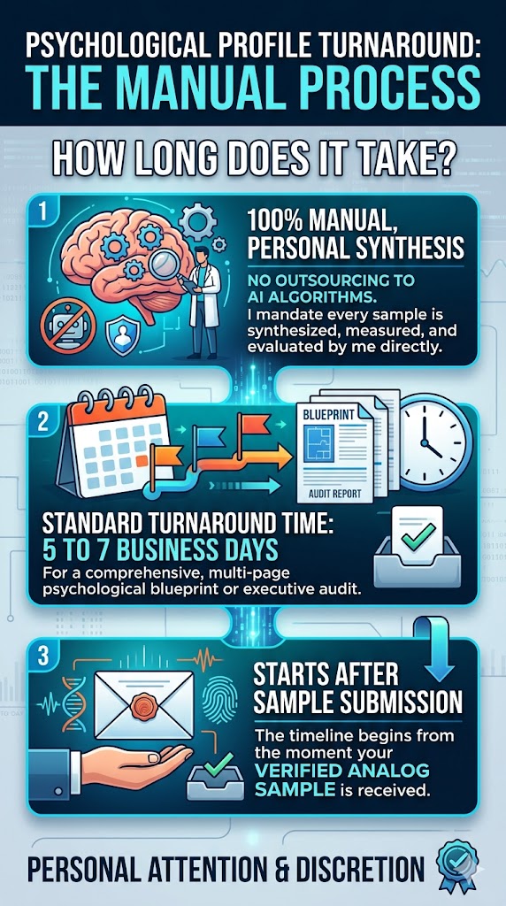 Psychological profile turnaround timeline by a handwriting analysis expert, showing manual personal synthesis process and standard 5 to 7 business days delivery after verified sample submission.”