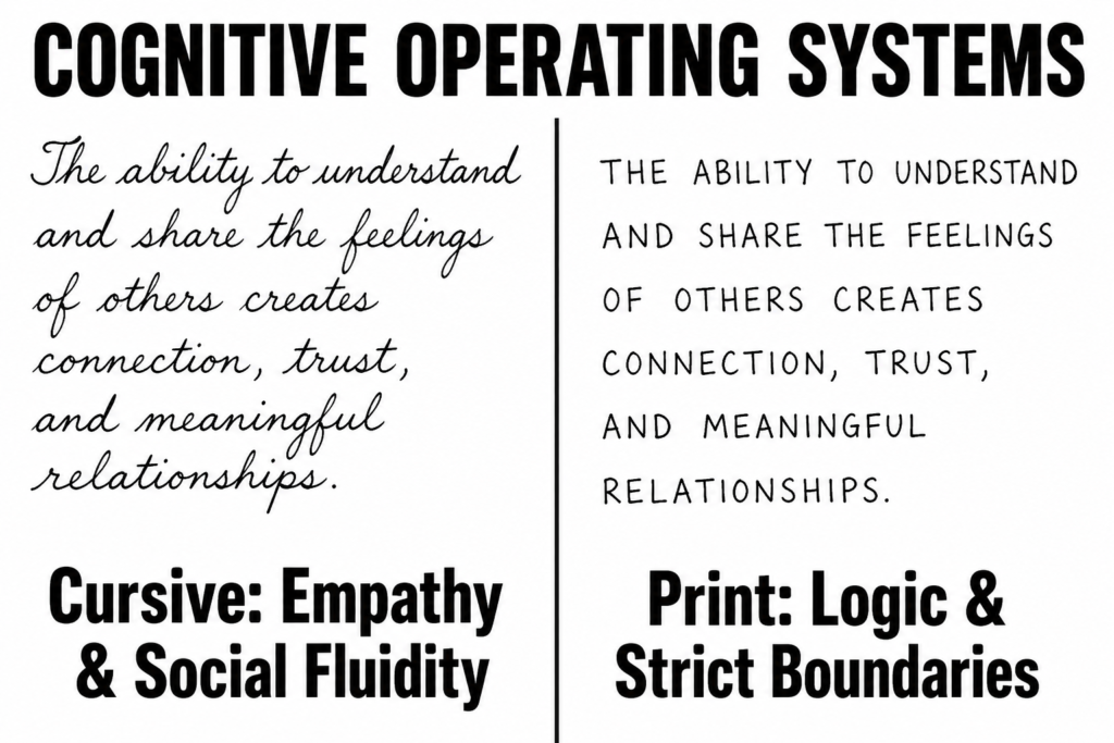 Cognitive operating systems showing the difference between cursive empathy and print logic as interpreted by a handwriting analysis expert.