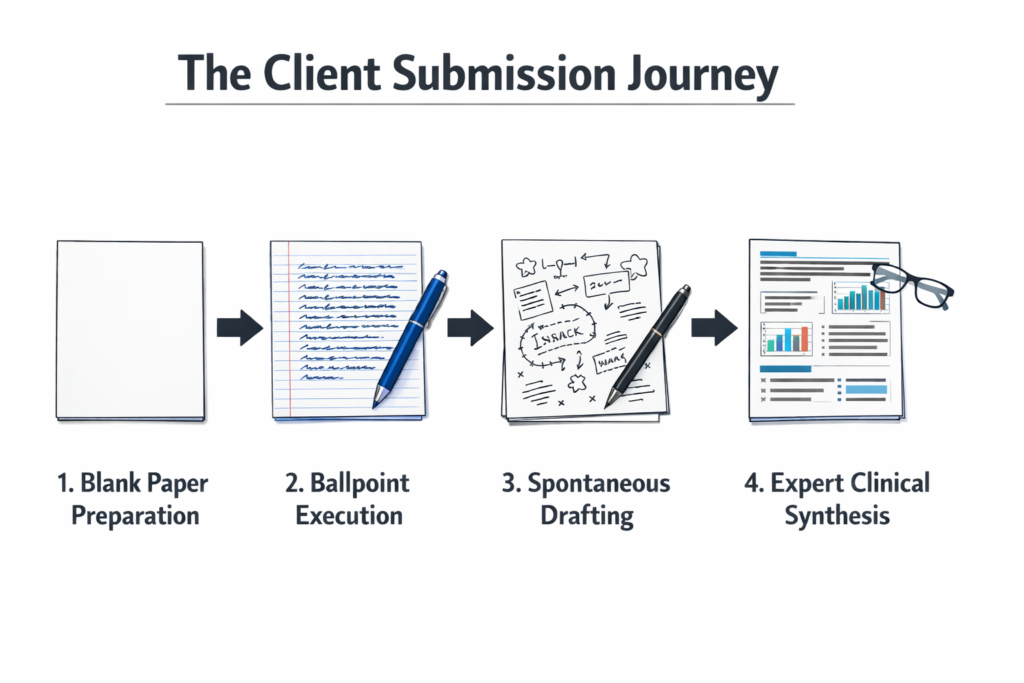 p2 Graphology FAQ process: A step-by-step diagram outlining the client submission journey, from blank paper preparation to expert clinical synthesis.