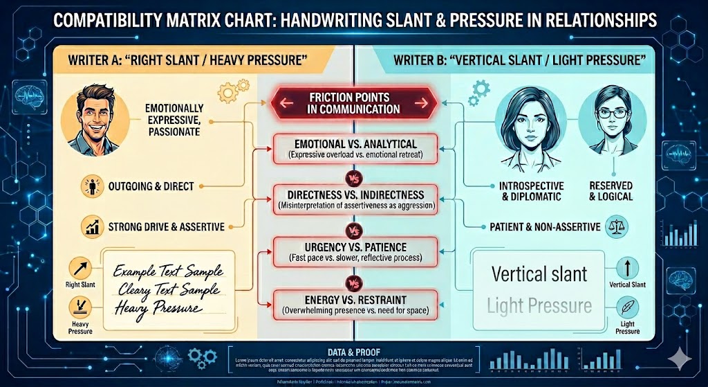 Detailed compatibility matrix chart showing communication friction points between different handwriting slants and pressures.