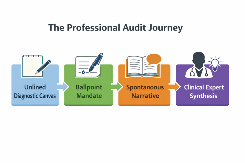 Flowchart detailing the four-step professional audit journey, illustrating the standard clinical process for conducting handwriting analysis for professionals.