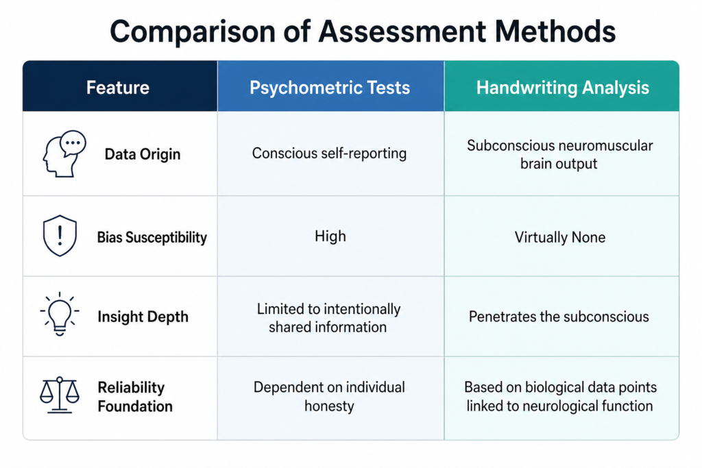 Clinical Graphology Consulting comparison of subconscious handwriting analysis versus standard psychometric tests.