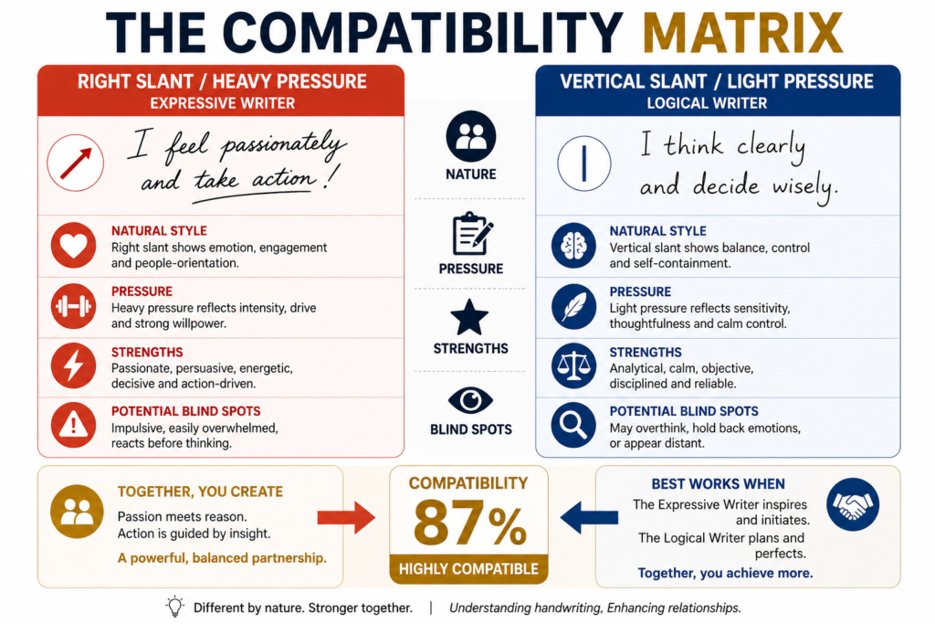 Clinical Graphology Consulting relationship compatibility matrix mapping expressive versus logical writers.