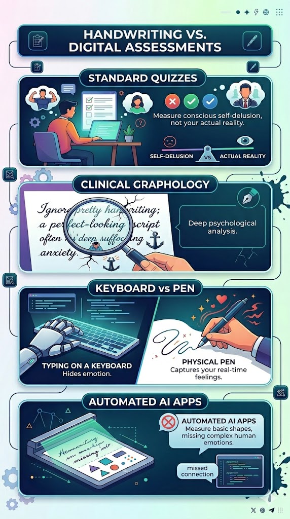 Clinical Graphology Consulting infographic explaining the biometric truth of a physical pen over digital quizzes.