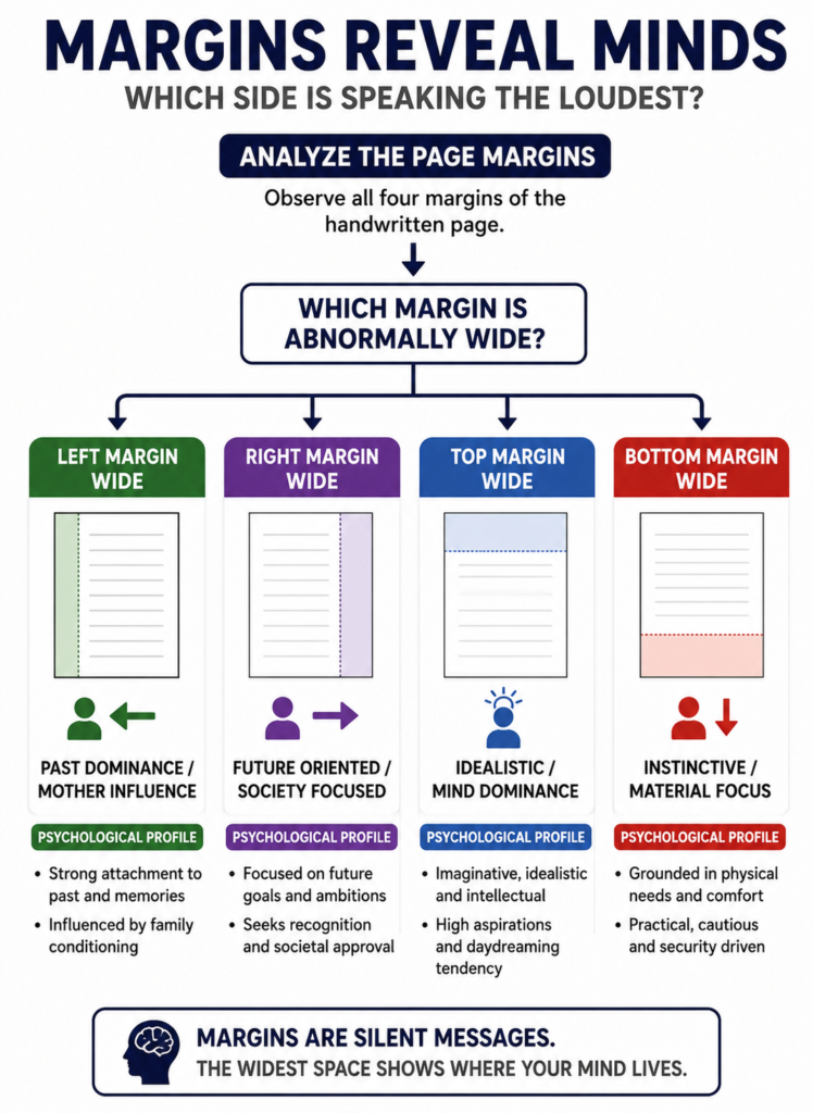 150ed73c-6050-4307-8bb9-9e468d813e22 Flowchart analyzing the psychological profiles and mindsets associated with abnormally wide margins in handwriting on the left right top and bottom of a page