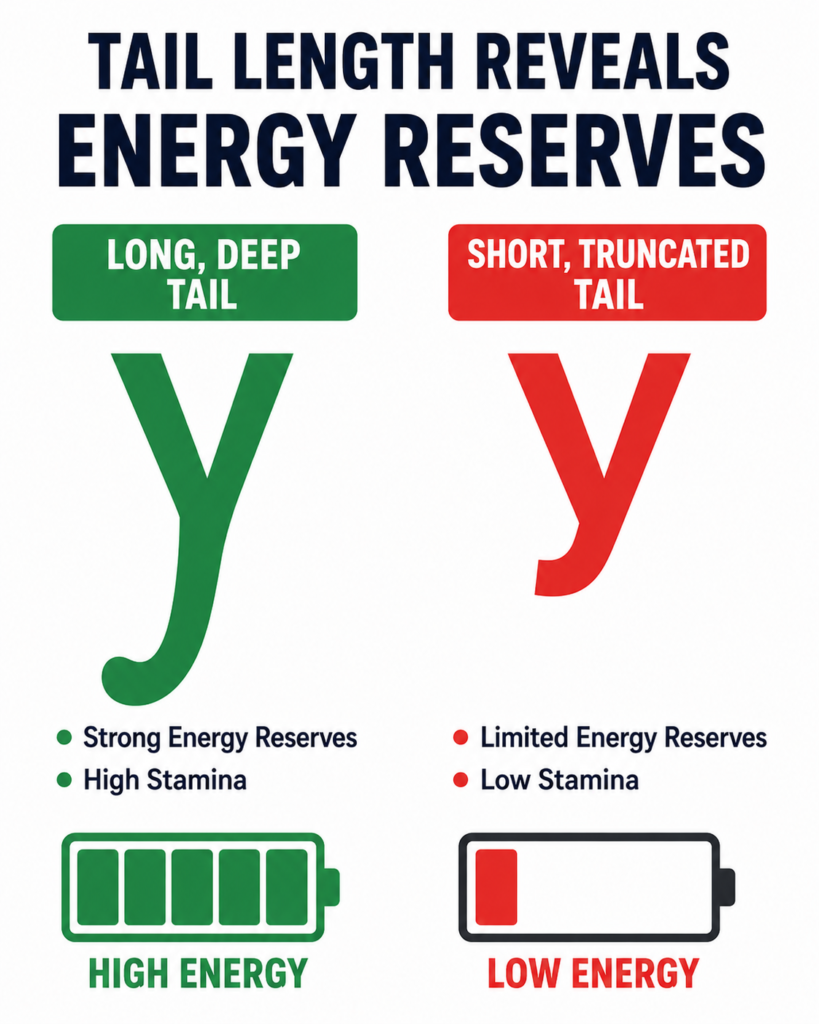 25d0cb1d-86d3-46ba-ade7-8e55a94c5260 Letter y handwriting analysis chart comparing how long and short tail lengths reveal physical energy reserves.