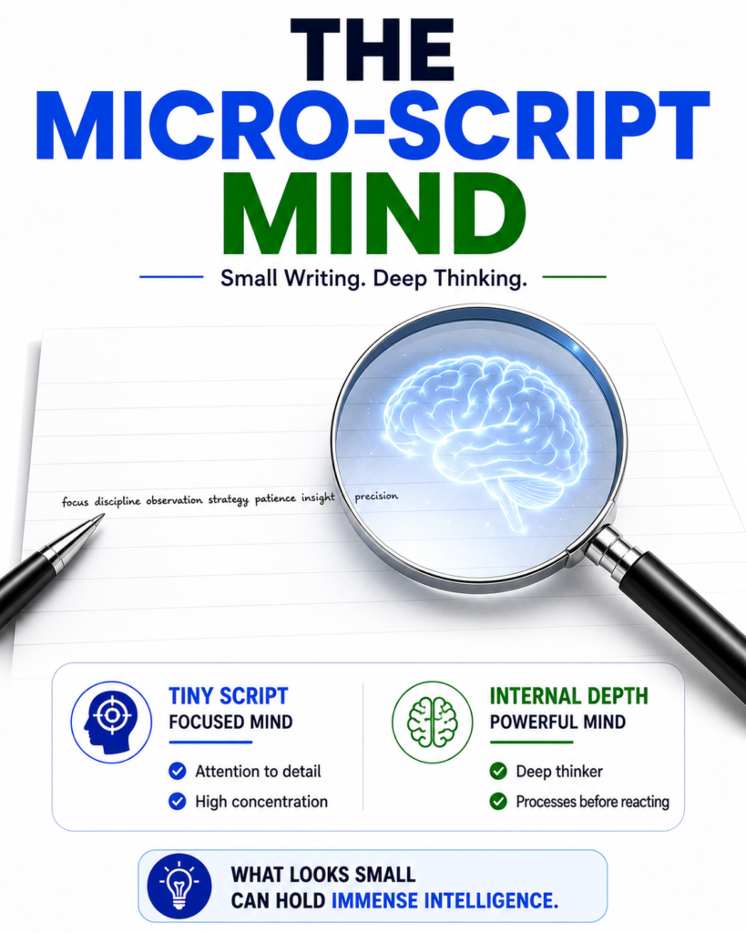 27b84e34-3e3c-4a91-85be-9caa86486625 Magnifying glass revealing a glowing brain over tiny script illustrating the focused mind and deep thinking connected to small handwriting traits