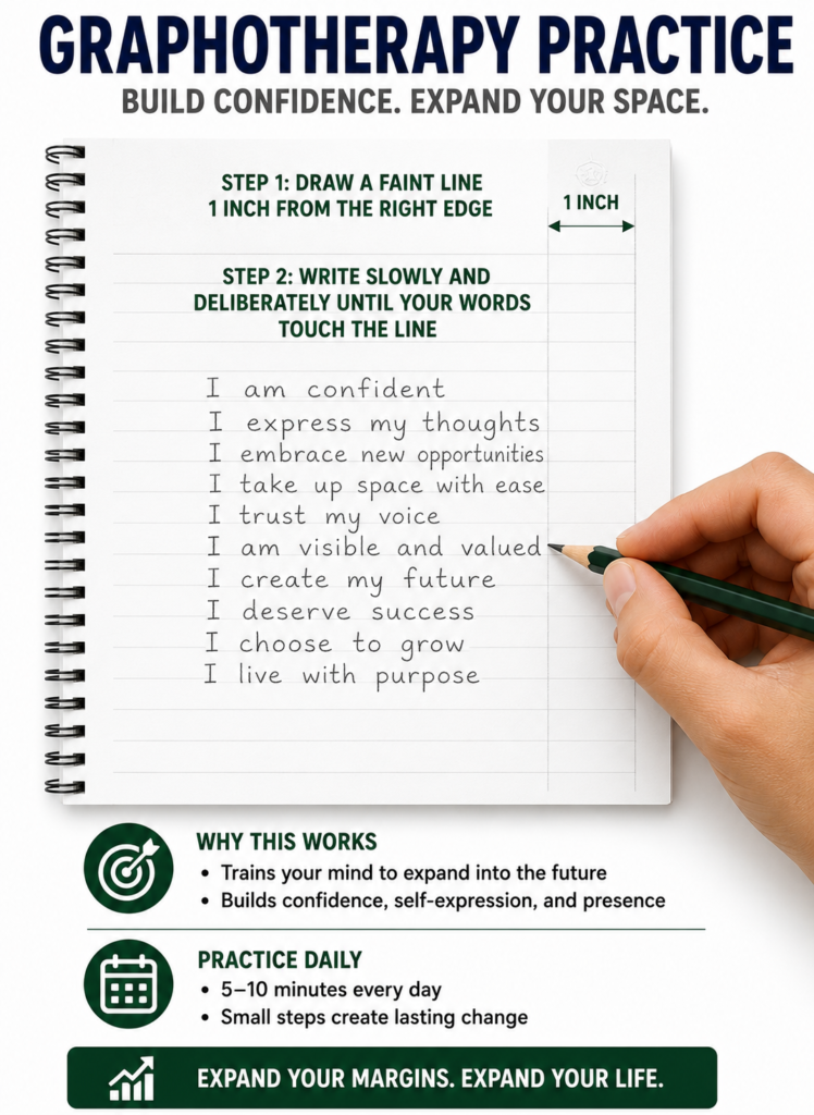 45c0729b-858a-418e-9958-8c8088c6e939 Step by step graphotherapy practice demonstrating how to expand page space and build confidence by intentionally creating wide margins in handwriting