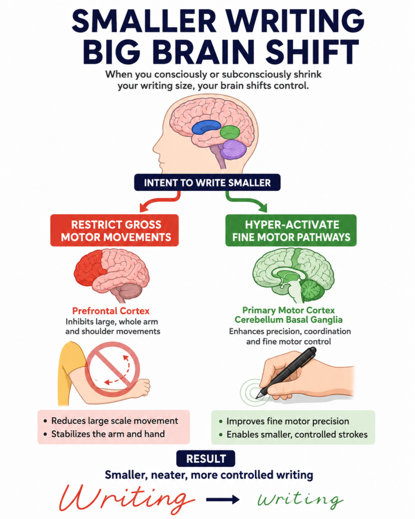 4c485b90-cbf5-4f8f-ab13-9e90e92d638b Infographic explaining the neurological brain shift and fine motor control pathways associated with small handwriting traits