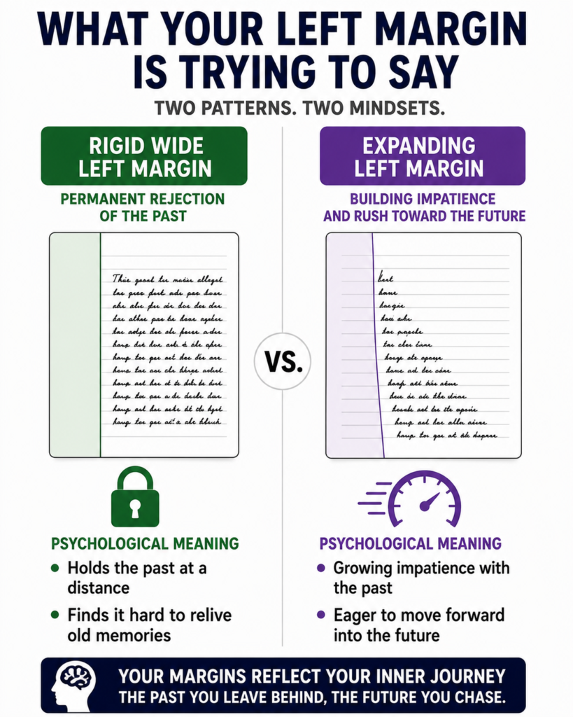 4c8d18f9-5c90-4145-9130-36faa6e1182d Infographic comparing a rigid left margin and an expanding left margin to explain the psychological meaning of wide margins in handwriting