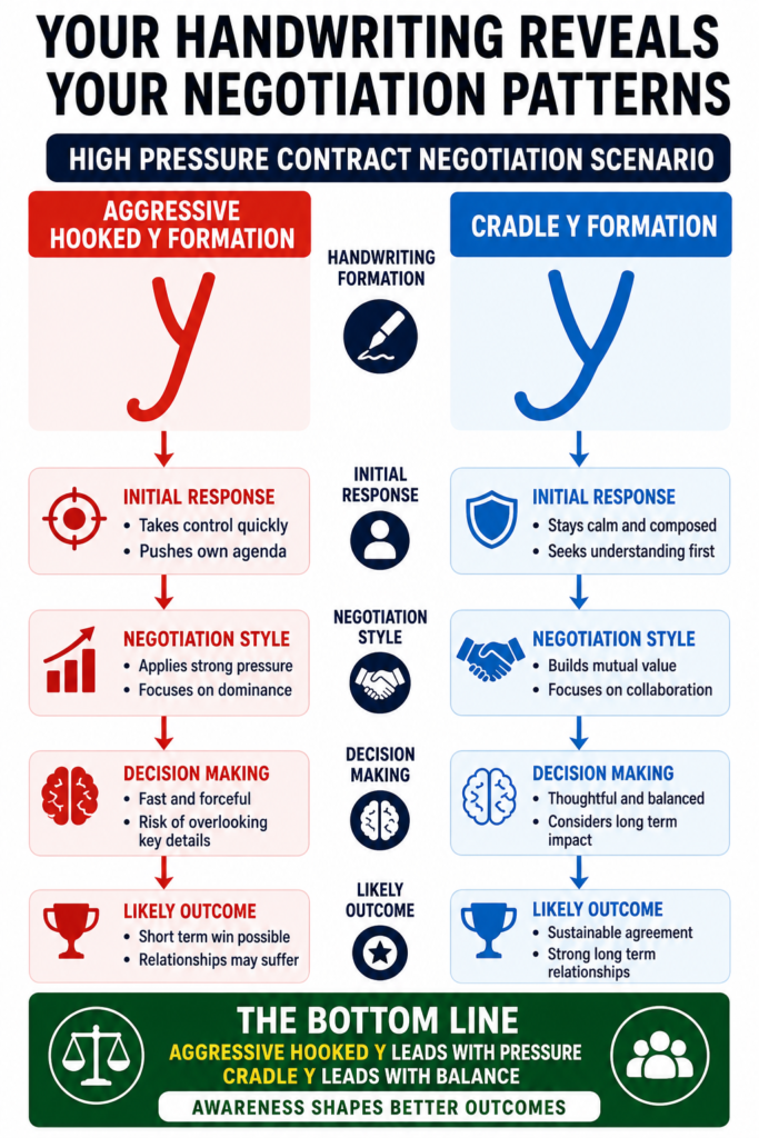 91dbcc05-5d34-4147-8e13-94d1a65dc0d4 Graphology comparison flowchart showing aggressive hooked and cradle letter y formations in negotiations.