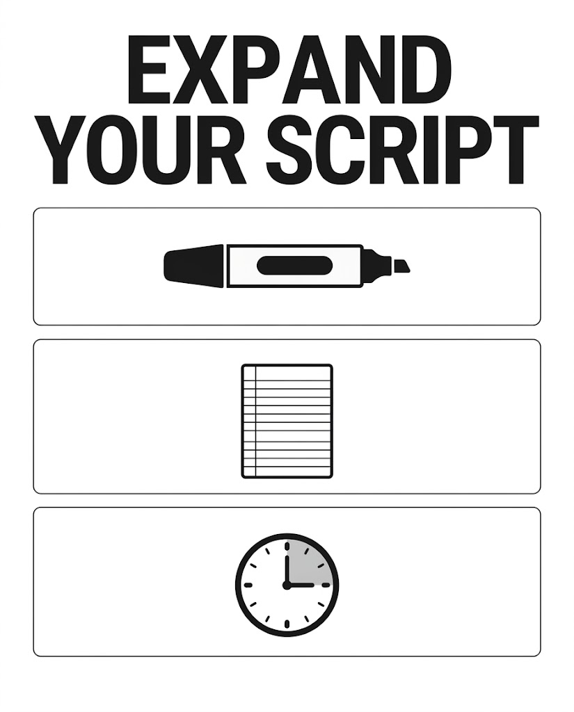 a7697bcc-7895-486e-9929-43818d73f403 Icons of a marker ruled paper and a clock showing methods to expand your script and balance common small handwriting traits