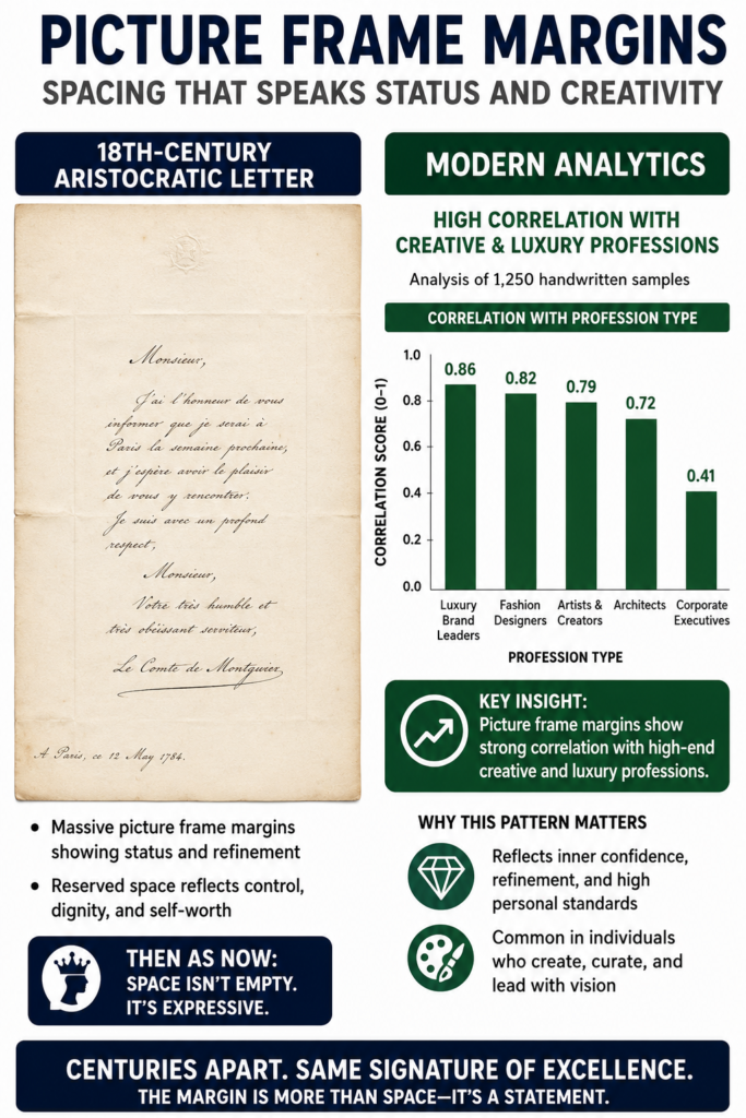 af09e580-5d31-4d5d-80b6-fb7a04fe959b Comparison showing an aristocratic letter and modern analytics to demonstrate the correlation between picture frame style wide margins in handwriting and creative professions