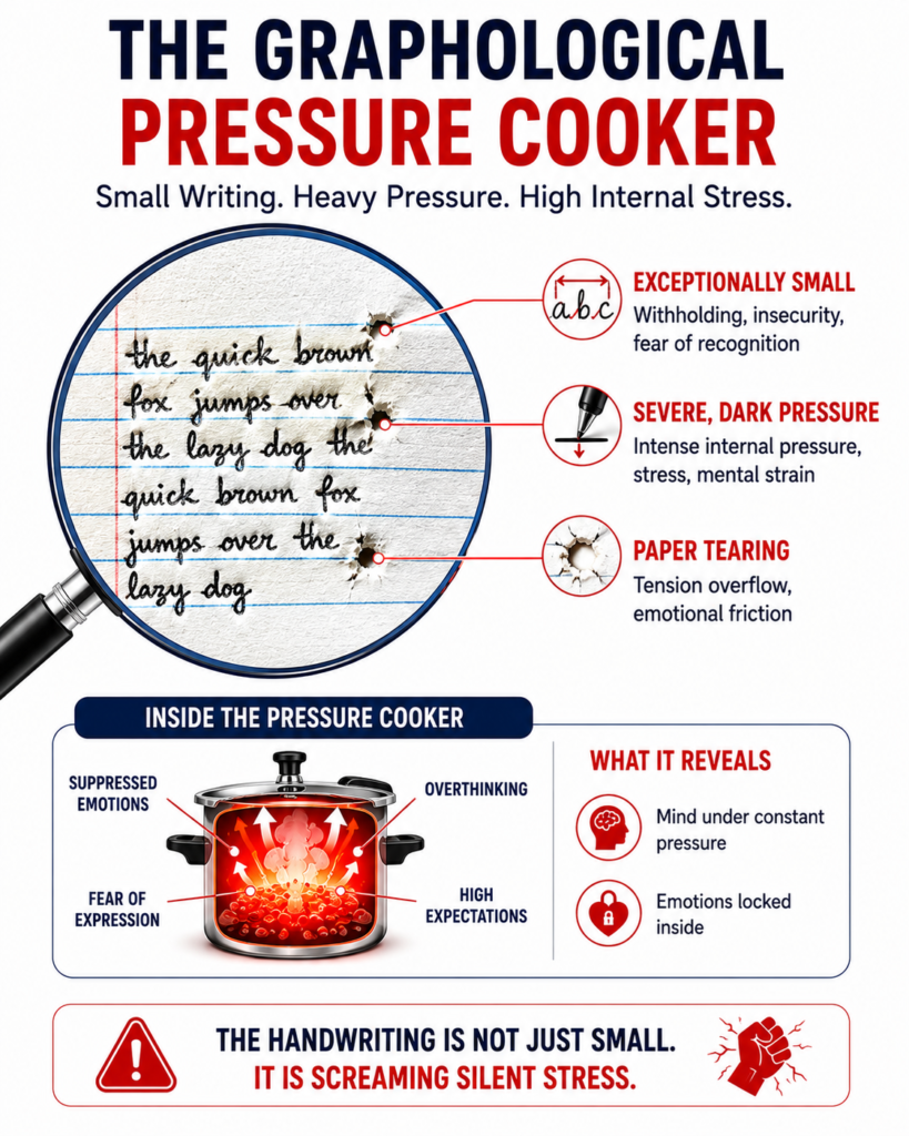 b0d12f22-9d93-47c6-bab8-8587ce0f6e45 Infographic using a pressure cooker metaphor to explain the high internal stress and emotional suppression found when heavy pressure combines with small handwriting traits