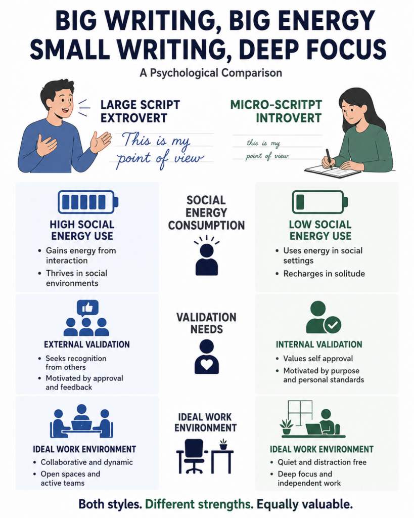 cccc Psychological comparison chart contrasting the social energy of large script extroverts with the introverted deep focus and small handwriting traits