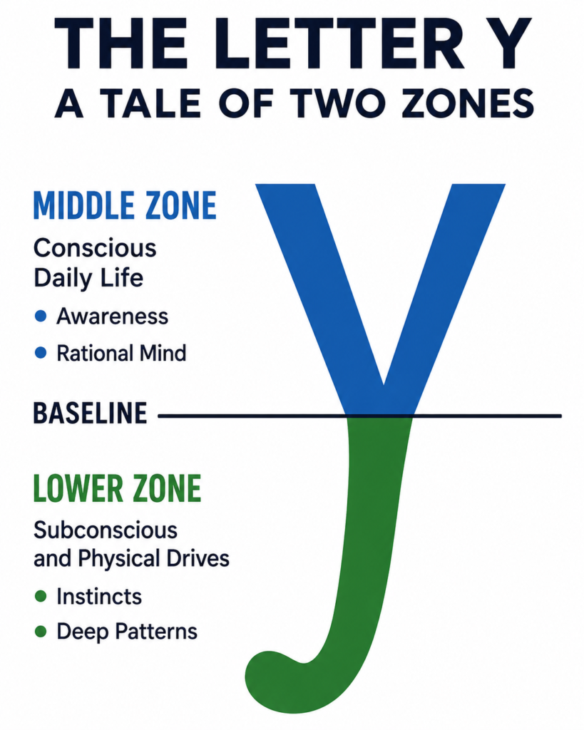 ccccc Graphology diagram explaining the conscious middle zone and subconscious lower zone of the lowercase letter y.