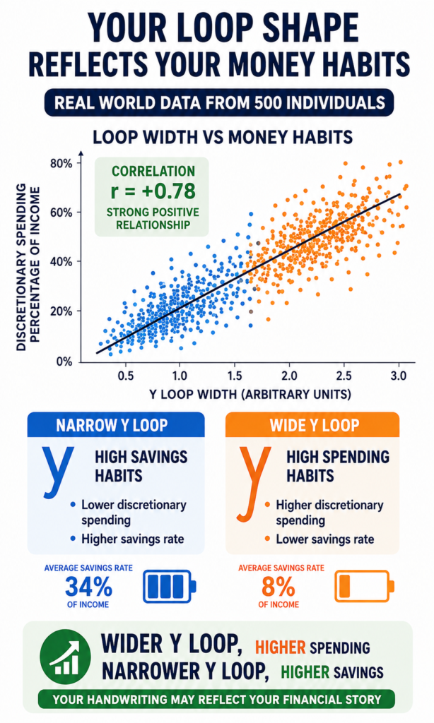 ccccvv Handwriting analysis infographic correlating narrow and wide letter y loop shapes with personal money habits.