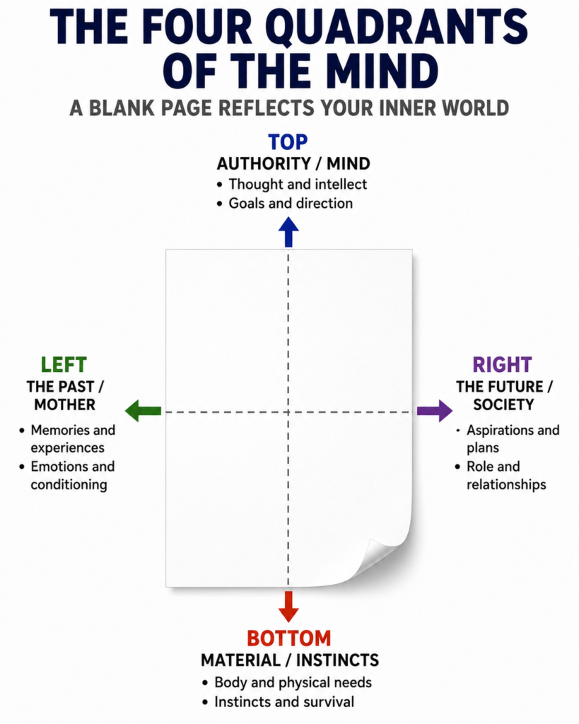 f752c7f0-4673-48c9-aabb-0f6f38a2c2a2 Diagram illustrating the four psychological quadrants of the mind on a blank page which forms the foundational theory for analyzing wide margins in handwriting